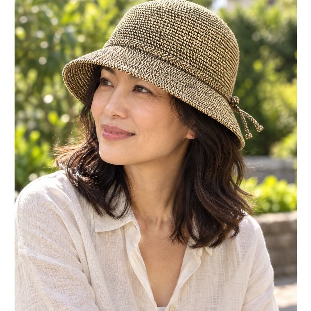 Tan & Black Woven Cloche Bucket Hat with Short Brim